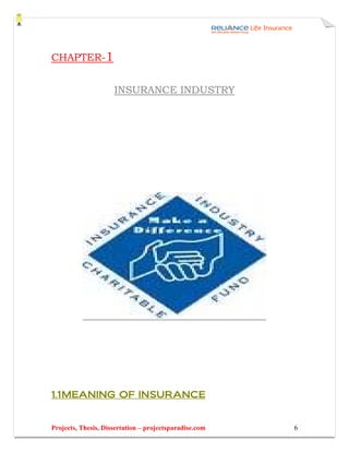 CHAPTER-1


                     INSURANCE INDUSTRY




1.1 MEANING OF INSURANCE


Projects, Thesis, Dissertation – projectsparadise.com   6
 