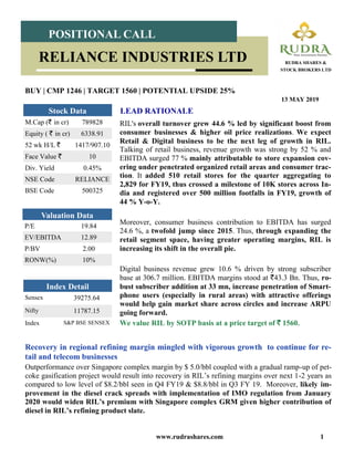 www.rudrashares.com 1
RIL's overall turnover grew 44.6 % led by significant boost from
consumer businesses & higher oil price realizations. We expect
Retail & Digital business to be the next leg of growth in RIL.
Talking of retail business, revenue growth was strong by 52 % and
EBITDA surged 77 % mainly attributable to store expansion cov-
ering under penetrated organized retail areas and consumer trac-
tion. It added 510 retail stores for the quarter aggregating to
2,829 for FY19, thus crossed a milestone of 10K stores across In-
dia and registered over 500 million footfalls in FY19, growth of
44 % Y-o-Y.
Moreover, consumer business contribution to EBITDA has surged
24.6 %, a twofold jump since 2015. Thus, through expanding the
retail segment space, having greater operating margins, RIL is
increasing its shift in the overall pie.
Digital business revenue grew 10.6 % driven by strong subscriber
base at 306.7 million. EBITDA margins stood at `43.3 Bn. Thus, ro-
bust subscriber addition at 33 mn, increase penetration of Smart-
phone users (especially in rural areas) with attractive offerings
would help gain market share across circles and increase ARPU
going forward.
We value RIL by SOTP basis at a price target of ` 1560.
LEAD RATIONALE
BUY | CMP 1246 | TARGET 1560 | POTENTIAL UPSIDE 25%
13 MAY 2019
POSITIONAL CALL
RUDRA SHARES &
STOCK BROKERS LTD
RELIANCE INDUSTRIES LTD
Index Detail
Sensex 39275.64
Nifty 11787.15
Index S&P BSE SENSEX
M.Cap (` in cr) 789828
Equity ( ` in cr) 6338.91
52 wk H/L ` 1417/907.10
Face Value ` 10
Div. Yield 0.45%
NSE Code RELIANCE
BSE Code 500325
Stock Data
P/E 19.84
EV/EBITDA 12.89
P/BV 2.00
RONW(%) 10%
Valuation Data
Recovery in regional refining margin mingled with vigorous growth to continue for re-
tail and telecom businesses
Outperformance over Singapore complex margin by $ 5.0/bbl coupled with a gradual ramp-up of pet-
coke gasification project would result into recovery in RIL’s refining margins over next 1-2 years as
compared to low level of $8.2/bbl seen in Q4 FY19 & $8.8/bbl in Q3 FY 19. Moreover, likely im-
provement in the diesel crack spreads with implementation of IMO regulation from January
2020 would widen RIL’s premium with Singapore complex GRM given higher contribution of
diesel in RIL’s refining product slate.
 