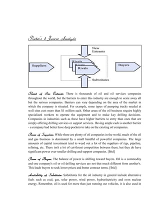 Porter's 5 Forces Analysis




Threat of New Entrants. There is thousands of oil and oil services companies
throughout the world, but the barriers to enter this industry are enough to scare away all
but the serious companies. Barriers can vary depending on the area of the market in
which the company is situated. For example, some types of pumping trucks needed at
well sites cost more than $1 million each. Other areas of the oil business require highly
specialized workers to operate the equipment and to make key drilling decisions.
Companies in industries such as these have higher barriers to entry than ones that are
simply offering drilling services or support services. Having ample cash is another barrier
- a company had better have deep pockets to take on the existing oil companies.

Power of Suppliers. While there are plenty of oil companies in the world, much of the oil
and gas business is dominated by a small handful of powerful companies. The large
amounts of capital investment tend to weed out a lot of the suppliers of rigs, pipeline,
refining, etc. There isn't a lot of cut-throat competition between them, but they do have
significant power over smaller drilling and support companies. [Ibid]

Power of Buyers. The balance of power is shifting toward buyers. Oil is a commodity
and one company's oil or oil drilling services are not that much different from another's.
This leads buyers to seek lower prices and better contract terms. [Ibid]

Availability of Substitutes. Substitutes for the oil industry in general include alternative
fuels such as coal, gas, solar power, wind power, hydroelectricity and even nuclear
energy. Remember, oil is used for more than just running our vehicles, it is also used in
 