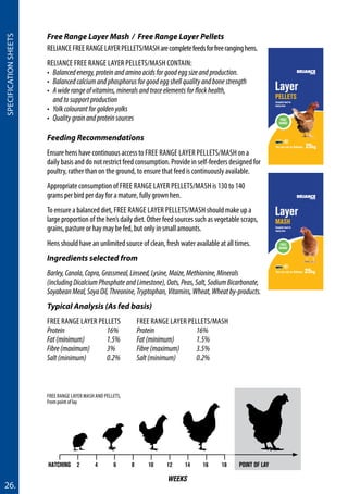 26.
SpecificationSheets
Hatching	 2	 4	 6	 8	 10	12	14	16	18
Weeks
Point of Lay
Free range layer mash and pellets,
From point of lay
Free Range Layer Mash / Free Range Layer Pellets
RelianceFreeRangeLayerPellets/Masharecompletefeedsforfreeranginghens.
RELIANCE Free range layer pellets/mash CONTAIN:
• Balancedenergy,proteinandaminoacidsforgoodeggsizeandproduction.
• Balancedcalciumandphosphorusforgoodeggshellqualityandbonestrength
• Awiderangeofvitamins,mineralsandtraceelementsforflockhealth,
andtosupportproduction
• Yolkcolourantforgoldenyolks
• Qualitygrainandproteinsources
Feeding Recommendations
Ensure hens have continuous access to Free Range Layer Pellets/MASH on a
daily basis and do not restrict feed consumption. Provide in self-feeders designed for
poultry, rather than on the ground, to ensure that feed is continuously available.
Appropriate consumption of Free Range Layer Pellets/MASH is 130 to 140
grams per bird per day for a mature, fully grown hen.
To ensure a balanced diet, Free Range Layer Pellets/MASH should make up a
large proportion of the hen’s daily diet. Other feed sources such as vegetable scraps,
grains, pasture or hay may be fed, but only in small amounts.
Hens should have an unlimited source of clean, fresh water available at all times.
Ingredients selected from
Barley,Canola,Copra,Grassmeal,Linseed,Lysine,Maize,Methionine,Minerals
(includingDicalciumPhosphateandLimestone),Oats,Peas,Salt,SodiumBicarbonate,
SoyabeanMeal,SoyaOil,Threonine,Tryptophan,Vitamins,Wheat,Wheatby-products.
Typical Analysis (As fed basis)
Free Range Layer Pellets	 Free Range Layer Pellets/MASH
Protein		 16%	 Protein		 16%	
Fat(minimum)	 1.5%	 Fat(minimum)	 1.5%
Fibre(maximum)	 3%	 Fibre(maximum)	 3.5%	
Salt(minimum)	 0.2%	 Salt(minimum)	 0.2%
You can rely on Reliance
A product of
Free
Range
Layer
Pellets
Complete feed for
laying hens
Free
Range
25kg
You can rely on Reliance
A product of
Layer
Mash
Complete feed for
laying hens
Free
Range
25kg
 