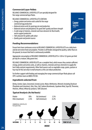 commercial layer pellets
From point of lay
Commercial Layer Pellets
Reliance commercial layer pellets arespeciallydesignedfor
freerangecommerciallayerflocks.
RELIANCE Commercial layer pellets contain:
• Energy,proteinandaminoacidssuitedforfreerange
commercialeggproduction
• Balancedaminoacidsforgoodeggsizeandproduction
• Balancedcalciumandphosphorusforgoodshell qualityandbonestrength
• Awiderangeofvitamins,mineralsandtraceelementsforflockhealth,
andtosupportproduction
• Yolkcolourantforgoldenyolkcolour
• Qualitygrainandproteinsources
Feeding Recommendations
Ensure hens have continuous access to Reliance Commercial Layer Pellets on a daily basis
and do not restrict feed consumption. Provide in self feeders designed for poultry, rather than on
the ground, to ensure that feed is continuously available.
Appropriate consumption of RELIANCE COMMERCIAL LAYER PELLETS is 120 to 125 grams per bird
per day for a mature, fully grown hen.
Reliance COMMERCIAL LAYER PELLETS are a complete feed, which means they contain sufficient
energy, protein and amino acids, as well as vitamins, minerals and trace elements to supply the
hen’s daily nutrient requirements. Other feed sources such as vegetable scraps, grains, pasture or
hay may be fed, but only in small amounts as this can reduce production.
For further support with feeding and managing free range commercial layer flocks please call
CRT’s nutrition team on 0800 278 583.
Ingredients selected from
Barley,Canola,Copra,Grassmeal,Linseed,Lysine,Maize,Methionine,Minerals(includingDicalcium
PhosphateandLimestone),Oats,Peas,Salt,SodiumBicarbonate,SoyabeanMeal,SoyaOil,Threonine,
Vitamins,Wheat,Wheatby-products,YolkColourant.
Typical Analysis (As fed basis)
Protein		 18%	 Fat(minimum)	 3.5%
Fibre(maximum)	 3.5%	 Salt(minimum)	 0.2%
You can rely on Reliance 25kg
A product of
Layer
Pellets
COMMERCIAL
28.
SpecificationSheets
Hatching	 2	 4	 6	 8	 10	12	14	16	18
Weeks
Point of Lay
 