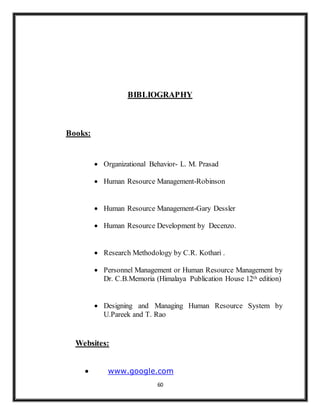 60
BIBLIOGRAPHY
Books:
 Organizational Behavior- L. M. Prasad
 Human Resource Management-Robinson
 Human Resource Management-Gary Dessler
 Human Resource Development by Decenzo.
 Research Methodology by C.R. Kothari .
 Personnel Management or Human Resource Management by
Dr. C.B.Memoria (Himalaya Publication House 12th edition)
 Designing and Managing Human Resource System by
U.Pareek and T. Rao
Websites:
 www.google.com
 