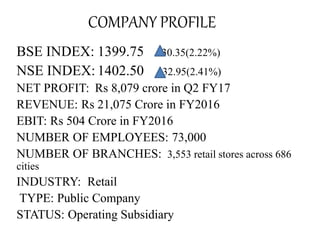 COMPANY PROFILE
BSE INDEX: 1399.75 30.35(2.22%)
NSE INDEX: 1402.50 32.95(2.41%)
NET PROFIT: Rs 8,079 crore in Q2 FY17
REVENUE: Rs 21,075 Crore in FY2016
EBIT: Rs 504 Crore in FY2016
NUMBER OF EMPLOYEES: 73,000
NUMBER OF BRANCHES: 3,553 retail stores across 686
cities
INDUSTRY: Retail
TYPE: Public Company
STATUS: Operating Subsidiary
 