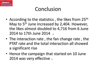 Conclusion
• According to the statistics , the likes from 25th
May to 5th June increased by 2,404. However,
the likes almost doubled to 4,716 from 6 June
2014 to 17th June 2014 。
• The interaction rate , the fan change rate , the
PTAT rate and the total interaction all showed
a significant rise
• Hence the campaign that started on 10 June
2014 was very effective 。
 