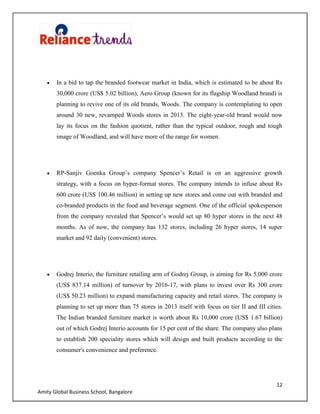 12
Amity Global Business School, Bangalore
In a bid to tap the branded footwear market in India, which is estimated to be about Rs
30,000 crore (US$ 5.02 billion), Aero Group (known for its flagship Woodland brand) is
planning to revive one of its old brands, Woods. The company is contemplating to open
around 30 new, revamped Woods stores in 2013. The eight-year-old brand would now
lay its focus on the fashion quotient, rather than the typical outdoor, rough and tough
image of Woodland, and will have more of the range for women.
RP-Sanjiv Goenka Group‟s company Spencer‟s Retail is on an aggressive growth
strategy, with a focus on hyper-format stores. The company intends to infuse about Rs
600 crore (US$ 100.46 million) in setting up new stores and come out with branded and
co-branded products in the food and beverage segment. One of the official spokesperson
from the company revealed that Spencer‟s would set up 80 hyper stores in the next 48
months. As of now, the company has 132 stores, including 26 hyper stores, 14 super
market and 92 daily (convenient) stores.
Godrej Interio, the furniture retailing arm of Godrej Group, is aiming for Rs 5,000 crore
(US$ 837.14 million) of turnover by 2016-17, with plans to invest over Rs 300 crore
(US$ 50.23 million) to expand manufacturing capacity and retail stores. The company is
planning to set up more than 75 stores in 2013 itself with focus on tier II and III cities.
The Indian branded furniture market is worth about Rs 10,000 crore (US$ 1.67 billion)
out of which Godrej Interio accounts for 15 per cent of the share. The company also plans
to establish 200 speciality stores which will design and built products according to the
consumer's convenience and preference.
 