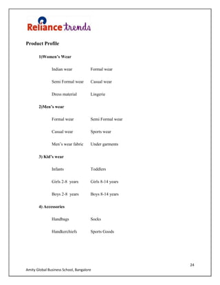 24
Amity Global Business School, Bangalore
Product Profile
1)Women’s Wear
Indian wear Formal wear
Semi Formal wear Casual wear
Dress material Lingerie
2)Men’s wear
Formal wear Semi Formal wear
Casual wear Sports wear
Men‟s wear fabric Under garments
3) Kid’s wear
Infants Toddlers
Girls 2-8 years Girls 8-14 years
Boys 2-8 years Boys 8-14 years
4) Accessories
Handbags Socks
Handkerchiefs Sports Goods
 