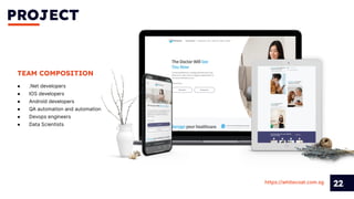PROJECT
22
TEAM COMPOSITION
● .Net developers
● IOS developers
● Android developers
● QA automation and automation
● Devops engineers
● Data Scientists
https://whitecoat.com.sg
 