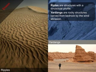 Riples are structures with a
           sinusoidal profile.
           Yardangs are rocky structures
           carved from bedrock by the wind
           abrasion.




          Yardangs




Ripples
 
