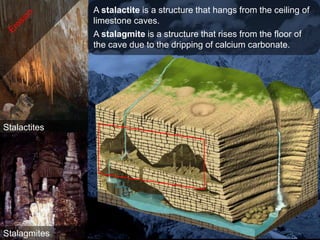 A stalactite is a structure that hangs from the ceiling of
              limestone caves.
              A stalagmite is a structure that rises from the floor of
              the cave due to the dripping of calcium carbonate.




Stalactites




Stalagmites
 