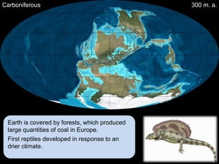 Carboniferous                                  300 m. a.




 Earth is covered by forests, which produced
 large quantities of coal in Europe.
 First reptiles developed in response to an
 drier climate.
 