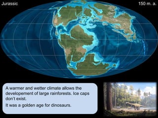 Jurassic                                       150 m. a.




 A warmer and wetter climate allows the
 developement of large rainforests. Ice caps
 don’t exist.
 It was a golden age for dinosaurs.
 