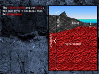 The higher mantle and the crust, a
thin solid layer (5 km deep), form
the lithosphere.




                                                   30 km




                                                                           5 km
                                                                Crust




                                     Lithosphere
                                                           Higher mantle
 