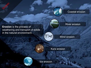 Coastal erosion



                                                         River erosion
Erosion is the process of
weathering and transport of solids
in the natural environment.

                                                Wind erosion



                                          Kars erosion




                                 Ice erosion
 