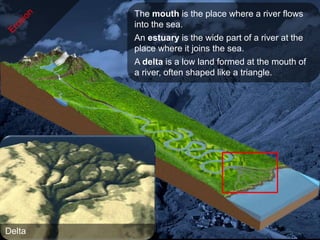 The mouth is the place where a river flows
           into the sea.
           An estuary is the wide part of a river at the
           place where it joins the sea.
           A delta is a low land formed at the mouth of
           a river, often shaped like a triangle.




Delta
Estuaire
 