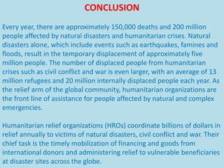CONCLUSION
Every year, there are approximately 150,000 deaths and 200 million
people affected by natural disasters and humanitarian crises. Natural
disasters alone, which include events such as earthquakes, famines and
floods, result in the temporary displacement of approximately five
million people. The number of displaced people from humanitarian
crises such as civil conflict and war is even larger, with an average of 13
million refugees and 20 million internally displaced people each year. As
the relief arm of the global community, humanitarian organizations are
the front line of assistance for people affected by natural and complex
emergencies.
Humanitarian relief organizations (HROs) coordinate billions of dollars in
relief annually to victims of natural disasters, civil conflict and war. Their
chief task is the timely mobilization of financing and goods from
international donors and administering relief to vulnerable beneficiaries
at disaster sites across the globe.
 