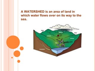 A WATERSHED is an area of land in
which water flows over on its way to the
sea.

 