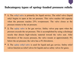 Subcategory types of spring-loaded pressure reliefs
• 1. The relief valve is primarily for liquid service. The relief valve (liquid
only) begins to open at the set pressure. This valve reaches full capacity
when the pressure reaches 25% overpressure. The valve closes as the
pressure returns to the set pressure.
• 2. The safety valve is for gas service. Safety valves pop open when the
pressure exceeds the set pressure. This is accomplished by using a discharge
nozzle that directs high-velocity material toward the valve seat. After
blowdown of the excess pressure, the valve reseats at approximately 4%
below the set pressure; the valve has a 4% blowdown.
• 3. The safety relief valve is used for liquid and gas service. Safety relief
valves function as relief valves for liquids and as safety valves for gases.
 