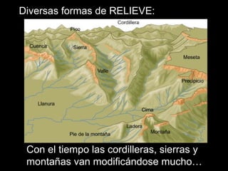 Diversas formas de RELIEVE:
Con el tiempo las cordilleras, sierras y
montañas van modificándose mucho…
 