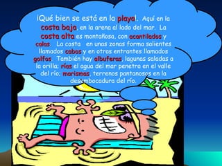 ¡Qué bien se está en la  playa !.   Aquí en la  costa baja , en la arena al lado del mar.  La  costa alta  es montañosa, con  acantilados   y  calas .   La costa  en unas zonas forma salientes llamados  cabos   y en otras entrantes llamados   golfos .  También hay  albuferas , lagunas saladas a la orilla;   rías   el agua del mar penetra en el valle del río;  marismas , terrenos pantanosos en la desembocadura del río. 