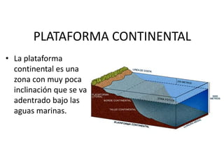 PLATAFORMA CONTINENTALLa plataforma continental es una zona con muy poca inclinación que se va adentrado bajo las aguas marinas.