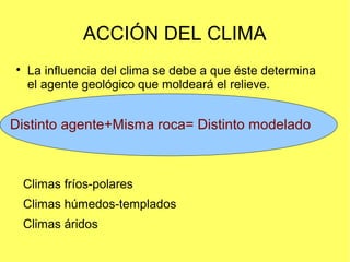 ACCIÓN DEL CLIMA

La influencia del clima se debe a que éste determina
el agente geológico que moldeará el relieve.
Clima...