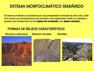SISTEMA MORFOCLIMÁTICO SEMIÁRIDO
El sistema semiárido se caracteriza por una precipitación torrencial de entre 250 y 500
m...