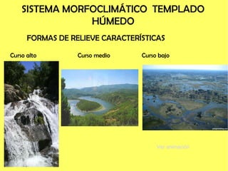 SISTEMA MORFOCLIMÁTICO TEMPLADO
HÚMEDO
Curso alto Curso medio Curso bajo
FORMAS DE RELIEVE CARACTERÍSTICAS
Ver animación
 
