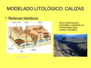 MODELADO LITOLÓGICO: CALIZAS

Relieves kársticos
Roca coherente,poco
permeable y resistente a la
meteorización física,
au...