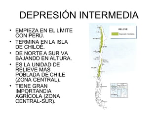 DEPRESIÓN INTERMEDIA EMPIEZA EN EL LÍMITE CON PERÚ. TERMINA EN LA ISLA DE CHILOÉ. DE NORTE A SUR VA BAJANDO EN ALTURA. ES LA UNIDAD DE RELIEVE MÁS POBLADA DE CHILE (ZONA CENTRAL). TIENE GRAN IMPORTANCIA AGRÍCOLA (ZONA CENTRAL-SUR). 