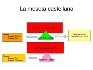 La meseta castellana Submeseta Norte 700 m Submeseta Sur 600 m Sistema Central Montes Toledo Paso Somosierra Sierra Gredos 2592m Separa : Cuenca Duero Cuenca Tajo Separa: Cuenca Tajo Cuenca Guadiana 