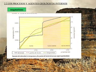 2.2.LOS PROCESOS Y AGENTES GEOLÓGICOS INTERNOS
magmatismo
origina los magmas y rocas
magmáticas
origen de los MAGMAS:
↑↑ Tª
↓↓P
por presencia de fluidos
 