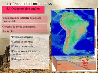 4. GÉNESIS DE CORDILLERAS
4.1.Orógenos tipo andino
Placa oceánica subduce bajo placa
continental.
Orógeno de borde continental.
Elementos:
Prisma de acreción
Cuenca de antearco
Cuenca de antepaís
Cadena volcánica sobre la
cordillera
Cabalgamientos
 