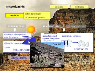 meteorización química biológica
-rotura de las rocas.
-NO alteración química.
TEMPERATURA
mecánica
-diferencia de temperatura
entre día y noche
-dilatación – contracción
-rotura
DESIERTOS
AGUA
+TEMPERATURA
-congelación del
agua en las grietas
-aumento de volumen
TERMOCLASTIA GELIVACIÓN
Canchal
 