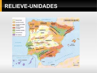 La meseta está dividida en dos sectores por el Sistema Central: Submeseta Norte y Submeseta Sur. Este último sector está ligeramente accidentado por los Montes de Toledo.  