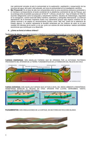 mar patrimonial concede al país la exclusividad en la exploración, explotación y preservación de los
recursos del agua, del suelo y del subsuelo, así como la exclusividad en la investigación científica.
E. Mar Presencial: Es el área de alta mar comprendida entre la zona económica exclusiva continental y
el meridiano correspondiente al borde occidental de la plataforma continental de isla de Pascua, que
se prolonga entre el paralelo que pasa por el hito N° 1 (Arica) y el polo Sur”. Aquí el Estado de Chile ha
asumido obligaciones como la búsqueda y salvamento marítimo, estudios de meteorología, seguridad
en la navegación, control naval del tráfico marítimo, batimetría y cartografía internacional. La eventual
depredación de la biomasa migratoria ilustra muy claramente porque este espacio oceánico es de
interés nacional y se espera su reconocimiento jurídico como "alta mar" (fuera de la soberanía de
Estado alguno). Lo anterior representa la facultad reclamada por los chilenos de estar en él para
cautelar los intereses de la nación y a la vez -junto con actores de otras banderas- realizar actividades
económicas que contribuyan a su desarrollo.
4. ¿Cómo se formó el relieve chileno?
Tectónicas de placas: La corteza terrestre (o litósfera) se encuentra fraccionada en una serie de placas.
FUERZAS ENDÓGENAS: SON AQUELLAS FUERZAS QUE SE ORIGINAN POR LA ACTIVIDAD TECTÓNICA
PROVENIENTE DEL INTERIOR DE LA TIERRA. FUNDAMENTALES EN LA FORMACIÓN DEL RELIEVE DE CHILE.
FUERZA EXÓGENAS: SON AQUELLAS FUERZAS QUE ACTÚAN A NIVEL DEL MEDIO AMBIENTE ATMOSFÉRICO.
PERMITIERON MODELAR EL RELIEVE EN CHILE. EROSIÓN POR LLUVIAS, DERRUMBES, VIENTO,
ACUMULACIÓN DE LAVA Y CENIZA VOLCÁNICA.
PLEGAMIENTOS: SON ONDULACIONES DE LA CORTEZA. EN SECTORES DE ROCA MÁS BLANDA
3
 