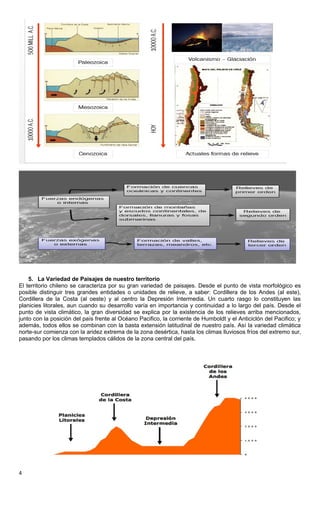 5. La Variedad de Paisajes de nuestro territorio
El territorio chileno se caracteriza por su gran variedad de paisajes. Desde el punto de vista morfológico es
posible distinguir tres grandes entidades o unidades de relieve, a saber: Cordillera de los Andes (al este),
Cordillera de la Costa (al oeste) y al centro la Depresión Intermedia. Un cuarto rasgo lo constituyen las
planicies litorales, aun cuando su desarrollo varía en importancia y continuidad a lo largo del país. Desde el
punto de vista climático, la gran diversidad se explica por la existencia de los relieves arriba mencionados,
junto con la posición del país frente al Océano Pacifico, la corriente de Humboldt y el Anticiclón del Pacifico; y
además, todos ellos se combinan con la basta extensión latitudinal de nuestro país. Así la variedad climática
norte-sur comienza con la aridez extrema de la zona desértica, hasta los climas lluviosos fríos del extremo sur,
pasando por los climas templados cálidos de la zona central del país.
4
 