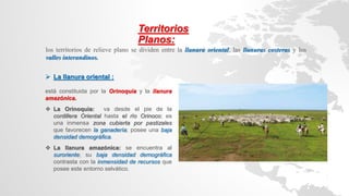 Territorios
Planos:
los territorios de relieve plano se dividen entre la llanura oriental, las llanuras costeras y los
valles interandinos.
 La llanura oriental :
está constituida por la Orinoquia y la llanura
amazónica.
 La Orinoquia: va desde el pie de la
cordillera Oriental hasta el río Orinoco; es
una inmensa zona cubierta por pastizales
que favorecen la ganadería; posee una baja
densidad demográfica.
 La llanura amazónica: se encuentra al
suroriente; su baja densidad demográfica
contrasta con la inmensidad de recursos que
posee este entorno selvático.
 