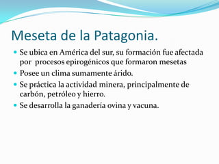 Meseta de la Patagonia.
 Se ubica en América del sur, su formación fue afectada
  por procesos epirogénicos que formaron mesetas
 Posee un clima sumamente árido.
 Se práctica la actividad minera, principalmente de
  carbón, petróleo y hierro.
 Se desarrolla la ganadería ovina y vacuna.
 