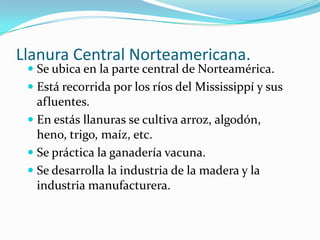 Llanura Central Norteamericana.
  Se ubica en la parte central de Norteamérica.
  Está recorrida por los ríos del Mississippí y sus
   afluentes.
  En estás llanuras se cultiva arroz, algodón,
   heno, trigo, maíz, etc.
  Se práctica la ganadería vacuna.
  Se desarrolla la industria de la madera y la
   industria manufacturera.
 