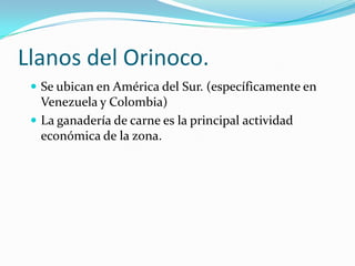 Llanos del Orinoco.
  Se ubican en América del Sur. (específicamente en
   Venezuela y Colombia)
  La ganadería de carne es la principal actividad
   económica de la zona.
 