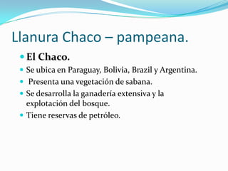 Llanura Chaco – pampeana.
  El Chaco.
  Se ubica en Paraguay, Bolivia, Brazil y Argentina.
  Presenta una vegetación de sabana.
  Se desarrolla la ganadería extensiva y la
   explotación del bosque.
  Tiene reservas de petróleo.
 