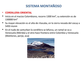 SISTEMA MONTAÑOSO
• CORDILLERA ORIENTAL
 Inicia en el macizo Colombiano, recorre 1300 km², su extensión es de
130000 km²
 Su mayor elevación es el alto de ritacuba, en la sierra nevada del cocuy a
5493 msnm
 En el nudo de santurban la cordillera se bifurca, un ramal se va a
Venezuela (Mérida) y el otro hace frontera entre Colombia y Venezuela
(Motilones, perijá, oca)
 