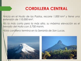 CORDILLERA CENTRAL
Inicia en el Nudo de los Pastos, recorre 1.000 km² y tiene una
extensión de 110.000 km².
Es la más corta pero la más alta, su máxima elevación es el
nevado del Huila con 5.750 msnm.
Esta cordillera termina en la Serranía de San Lucas.
 