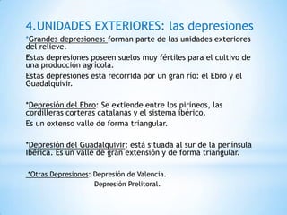 4.UNIDADES EXTERIORES: las depresiones
*Grandes depresiones: forman parte de las unidades exteriores
del relieve.
Estas depresiones poseen suelos muy fértiles para el cultivo de
una producción agrícola.
Estas depresiones esta recorrida por un gran río: el Ebro y el
Guadalquivir.

*Depresión del Ebro: Se extiende entre los pirineos, las
cordilleras corteras catalanas y el sistema ibérico.
Es un extenso valle de forma triangular.
*Depresión del Guadalquivir: está situada al sur de la península
Ibérica. Es un valle de gran extensión y de forma triangular.
*Otras Depresiones: Depresión de Valencia.
Depresión Prelitoral.

 