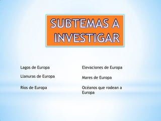 SUBTEMAS A INVESTIGARLagos de EuropaElevaciones de EuropaLlanuras de EuropaMares de EuropaRíos de EuropaOcéanos que rodean a Europa