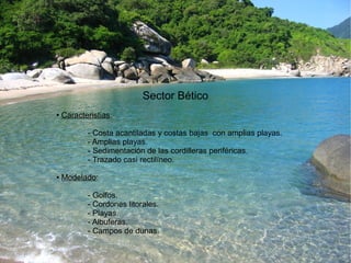 Sector Bético 
● Caracteristias: 
- Costa acantiladas y costas bajas con amplias playas. 
- Amplias playas. 
- Sedimentación de las cordilleras periféricas. 
- Trazado casi rectilíneo. 
● Modelado: 
- Golfos. 
- Cordones litorales. 
- Playas. 
- Albuferas. 
- Campos de dunas. 
 