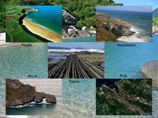 Playas Acantilados 
Arcos 
Rasas 
Rías 
 