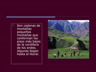  Son cadenas de
montañas
pequeñas
montañas que
conforman los
pisos más bajos
de la cordillera
de los andes.
Algunas llegan
hasta el litoral.
 