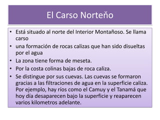 El Carso NorteňoEstá situadoal norte del Interior Montañoso. Se llama carsouna formación de rocas calizas que han sido disueltas por el aguaLa zonatiene forma de meseta.Por la costa colinas bajas de roca caliza. Se distingue por sus cuevas. Las cuevas se formaron gracias a las filtraciones de agua en la superficie caliza. Por ejemplo, hay ríos como el Camuy y el Tanamá que hoy día desaparecen bajo la superficie y reaparecen varios kilometros adelante. 