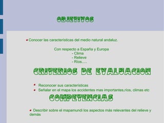 objetivos


Conocer las características del medio natural andaluz.

               Con respecto a España y Europa
        ...
